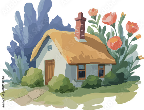 Charming Thatched Roof House Vector Illustration with Lush Greenery and Flowers for Storybook and Rural Designs