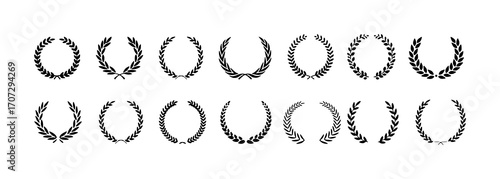 Collection of Black Laurel Wreaths and Wreaths on White Background