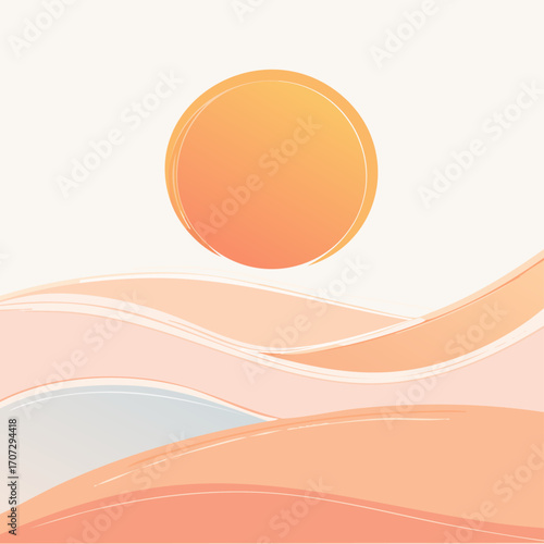 Sunrise vector silhouette above curved horizon, apricot color scheme