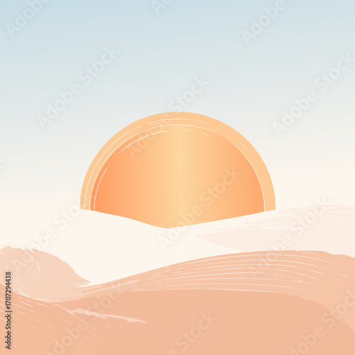 Minimal rising sun vector over horizon, soft apricot tone
