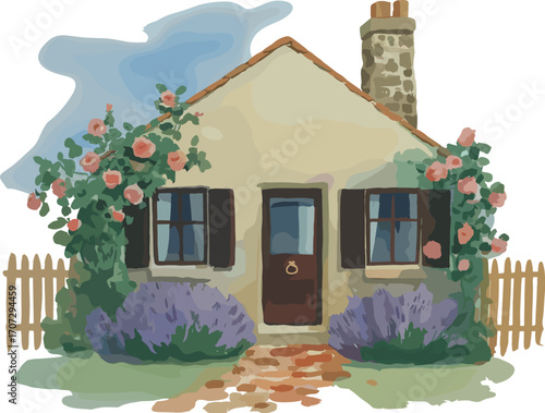 Quaint Cottage Vector Illustration with Blooming Flowers and Rustic Fence for Storybook and Countryside Designs