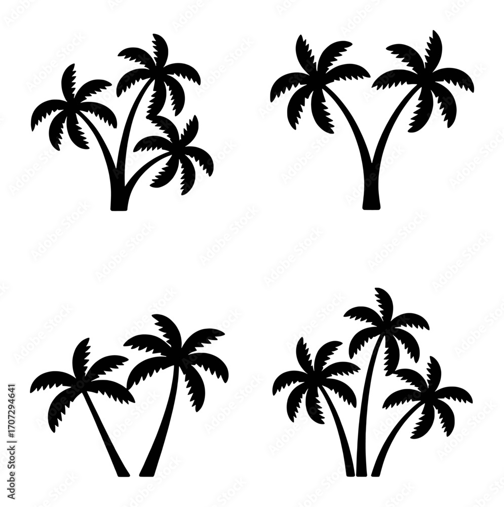 Fototapeta premium Collection of Black Silhouette Palm Tree Icons on White Background