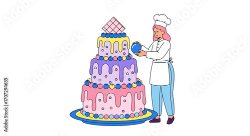 Creative baker decorates a colorful, multi-tiered celebratory cake with blueberries and frosting.