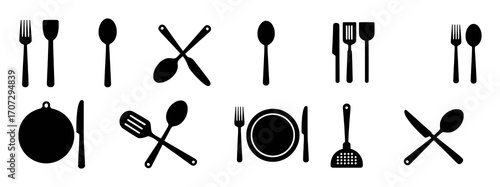 Collection of Black Silhouettes of Kitchen Utensils and Cutlery