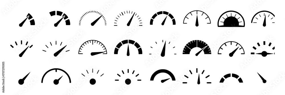 Naklejka premium Collection of Black Speedometer and Gauge Icons on White Background