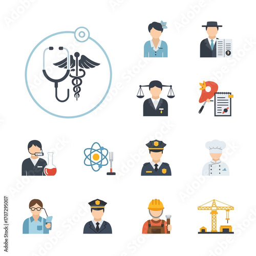 Diverse Professions and Occupations Represented by Vector Icons.