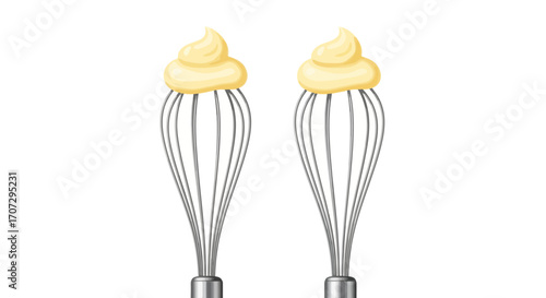 Two kitchen whisks topped with creamy yellow frosting or batter against a white background.