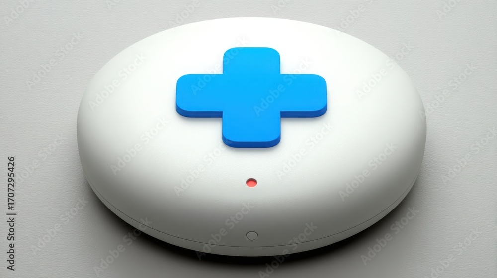 Fototapeta premium Blue cross positioned on a white button symbolizing clarity and focus in content prioritization and design