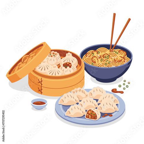 Vector Flat Illustration of Asian Cuisine Dumplings, Noodles and Dim Sum