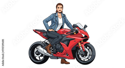  young woman in a denim jacket posing on a red sport motorcycle.