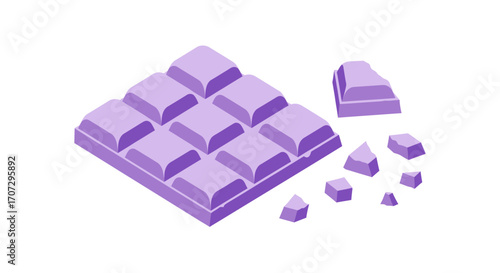 Sweet purple chocolate bar, broken into pieces, isolated on white background.