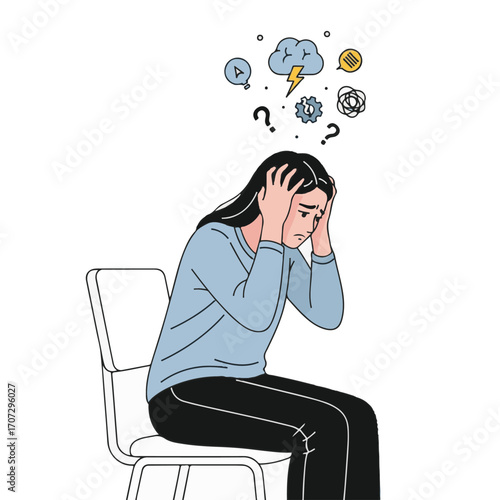 Mental Health Struggles, Person, Indoor Setting, Illustration, Flat Design, Emotional Environment, Vector Art