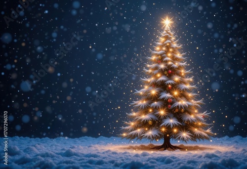 A subtly animated GIF of a Christmas tree with twinkling lights and gently falling snow.
