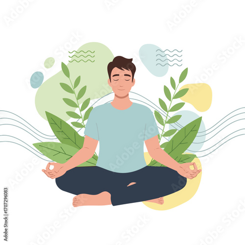 Vector Flat Illustration of a Man Meditating in a Peaceful Setting