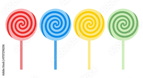 Four colorful swirl lollipops on white background