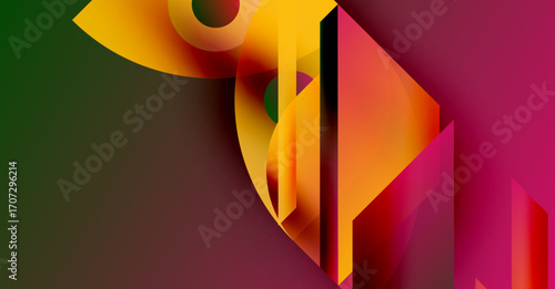 Abstract shapes blend vibrant colors. Geometric forms create dynamic composition, suggesting movement, energy, depth. Warm tones dominate.