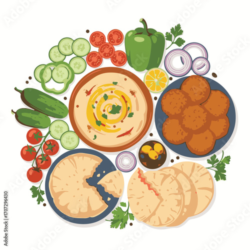 Vector flat lay illustration of a traditional Middle Eastern food platter with hummus, falafel, pita bread, and fresh vegetables