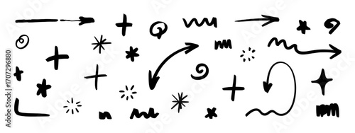 Hand-Drawn Black and White Doodle Icons: Arrows, Stars, and Plus Signs