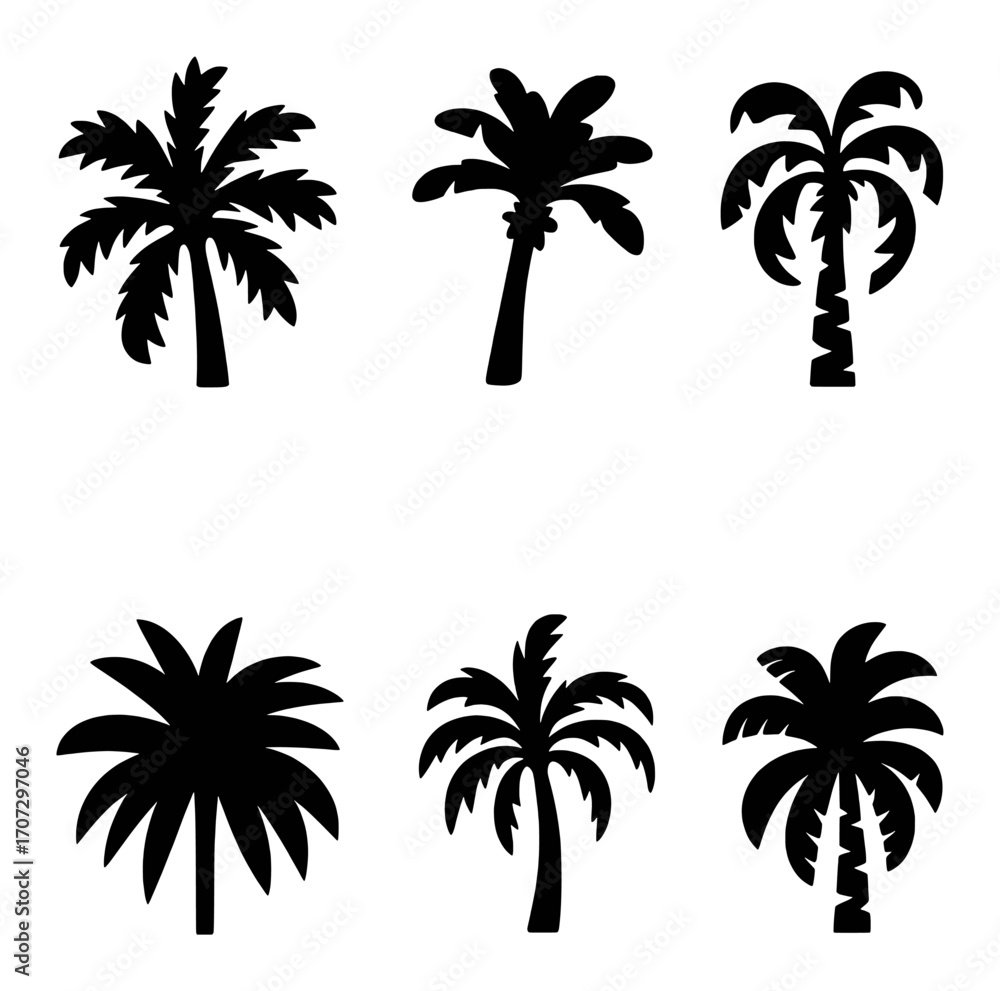 Fototapeta premium Six Silhouette Palm Trees on a White Background