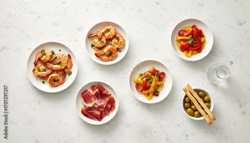 Wallpaper Mural Delicious tapas arrangement with shrimp, peppers, cured meat, and olives for a mediterranean experience Torontodigital.ca