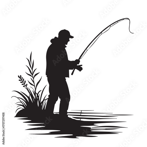 silhouette of a fisherman with fishing rod, fishing, fisherman, silhouette, boy, fish, sunset, rod, woman, water, vector, people, illustration, sport, lake, angler, cartoon, summer, fun, nature, beach