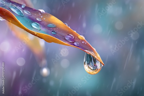 Stunning macro of vibrant leaf edge adorned with sparkling water droplets during a gentle rain shower, reflecting colors.