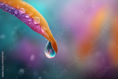 Vibrant macro shot captures a single dewdrop reflecting rainbow colors on a colorful leaf, symbolizing nature's beauty and renewal during gentle rain