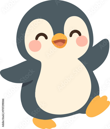 Cute cartoon baby penguin happily waving and smiling. Adorable animal character illustration isolated on a white background for children's design