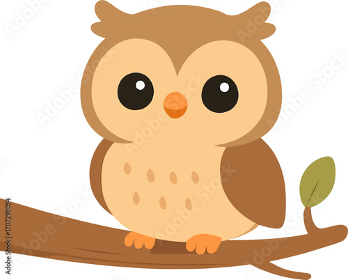 Adorable cartoon owl with big eyes perched on a simple tree branch. Cute brown bird character illustration isolated on a white background