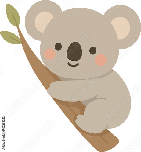 Adorable cartoon koala character clinging to a tree branch. Cute Australian animal illustration isolated for children's design