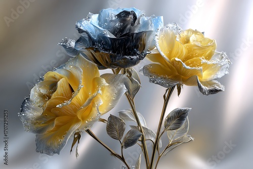 Stunning abstract roses glistening with dew drops, blending vibrant yellow and cool metallic tones for elegant, artistic floral designs.