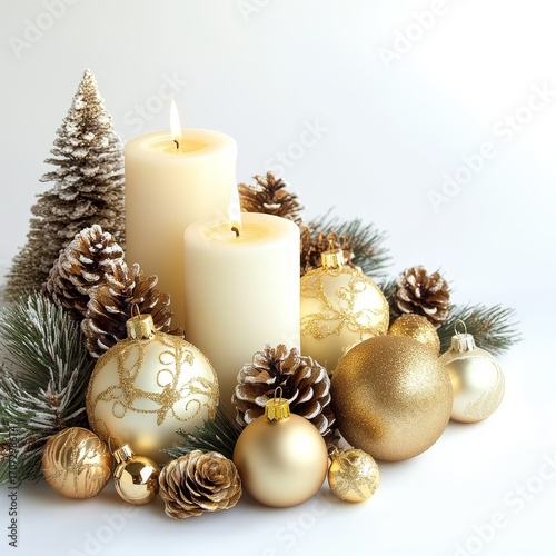 Festive holiday design with Christmas decorations. Candles, pine cones, and gold ornaments arranged on a white background.
