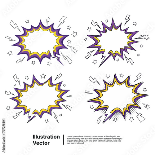 Vibrant pop art explosion frames and blank comic speech bubbles for dynamic graphic design projects