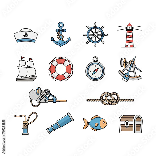 Nautical Icons Set - Sailor Hat, Anchor, Ship Wheel, Lighthouse and More.