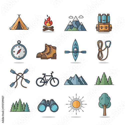 Outdoor Adventure and Camping Icons Set with Tent, Campfire, Compass, and More.