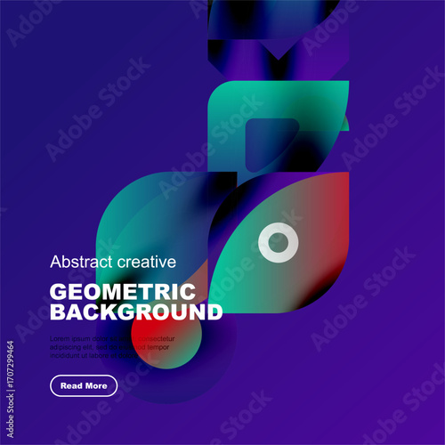 Vibrant purple backdrop features abstract geometric shapes, overlapping layers. Text promotes creative background design, includes call to action.