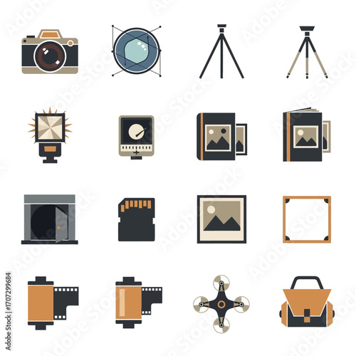 Photography Equipment Icons - Camera, Lens, Tripod, Flash, Album, and More.