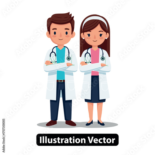 Cartoon vector illustration of a confident male and female medical doctor team portrait