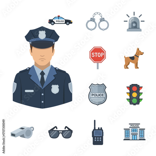 Police Officer and Law Enforcement Icons Illustration.