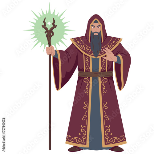 Elderly caucasian male wizard with staff in ornate robe casting spell flat illustration