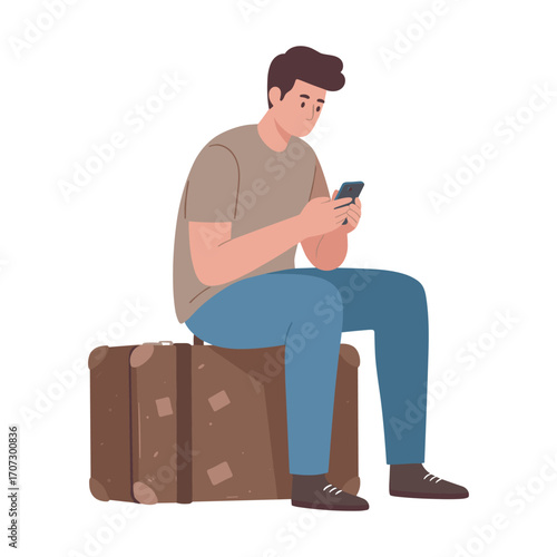 Young caucasian male sitting on suitcase texting on smartphone – flat illustration