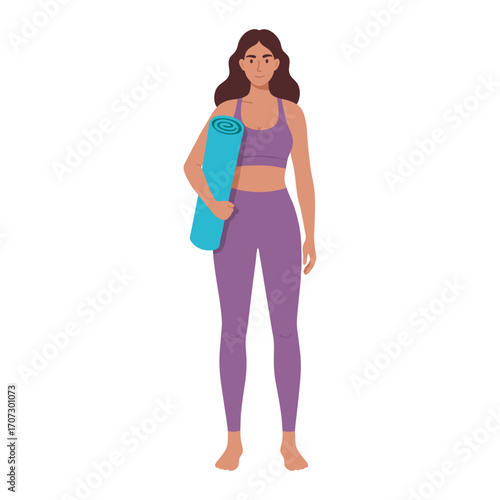 Young hispanic female holding yoga mat in workout attire – flat illustration
