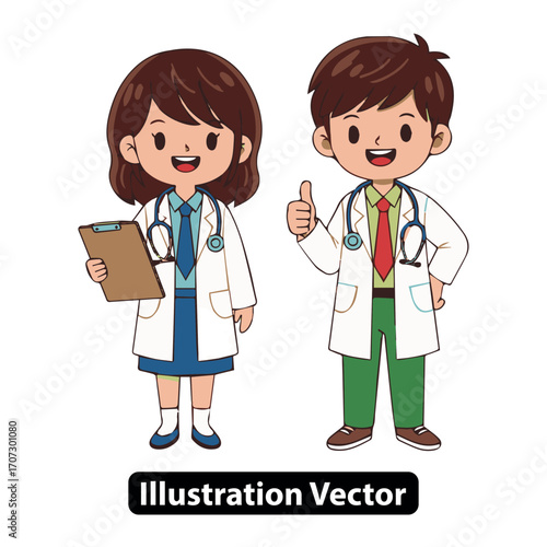 Two Friendly Cartoon Doctors in Uniforms Holding Medical Charts and Giving Thumbs Up