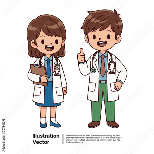 Two cartoon doctors in white coats giving a thumbs up and a thumbs up with a clipboard