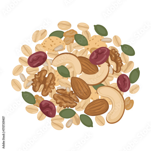 Assorted nuts and seeds mix with oats and beans – flat illustration