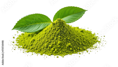 Vibrant green matcha powder heap with two fresh leaves isolated on a transparent background