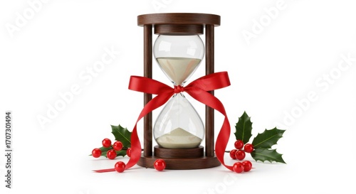 Elegant hourglass decorated with red ribbon and holly leaves with berries on white background