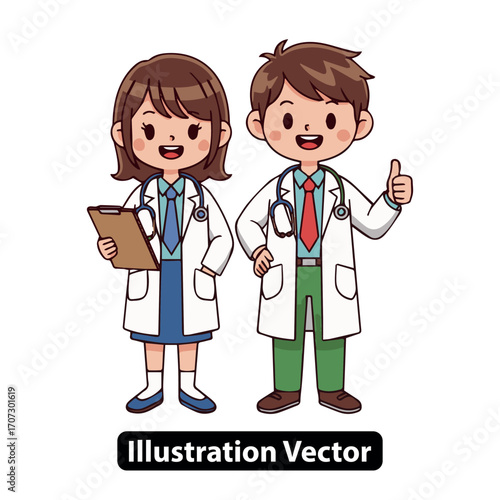 Friendly cartoon doctor team with a man and woman medical staff in uniform with stethoscopes