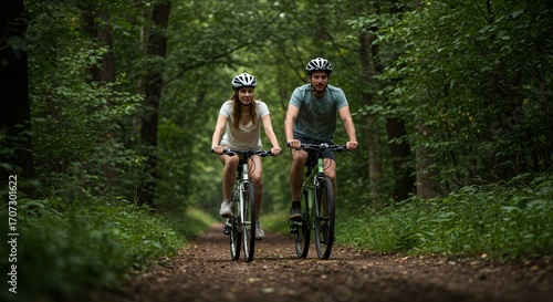 Couple riding mountain bikes on dirt trail through lush green forest during daytime with trees and foliage scenery in the background