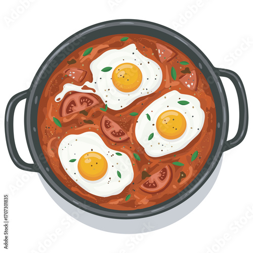 Traditional shakshuka in pan with tomatoes and sunny-side-up eggs – flat illustration